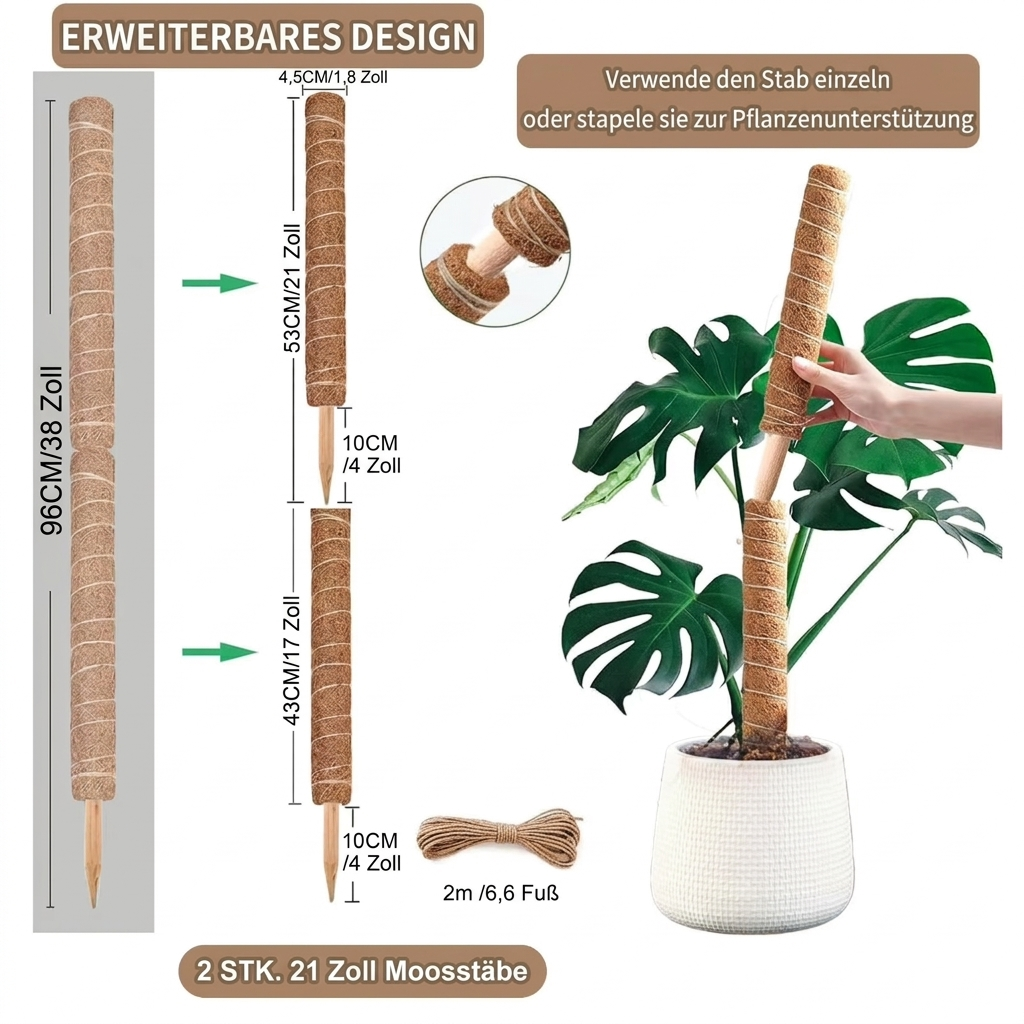 Kokosmoos Stab für Kletterpflanzen – Natürliche Rankhilfe für Zimmerpflanzen und Garten