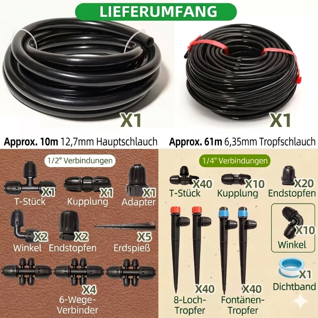 Automatisches XXL Tropfbewässerungssystem für Pflanzen – Komplettes Set für Garten und Balkon