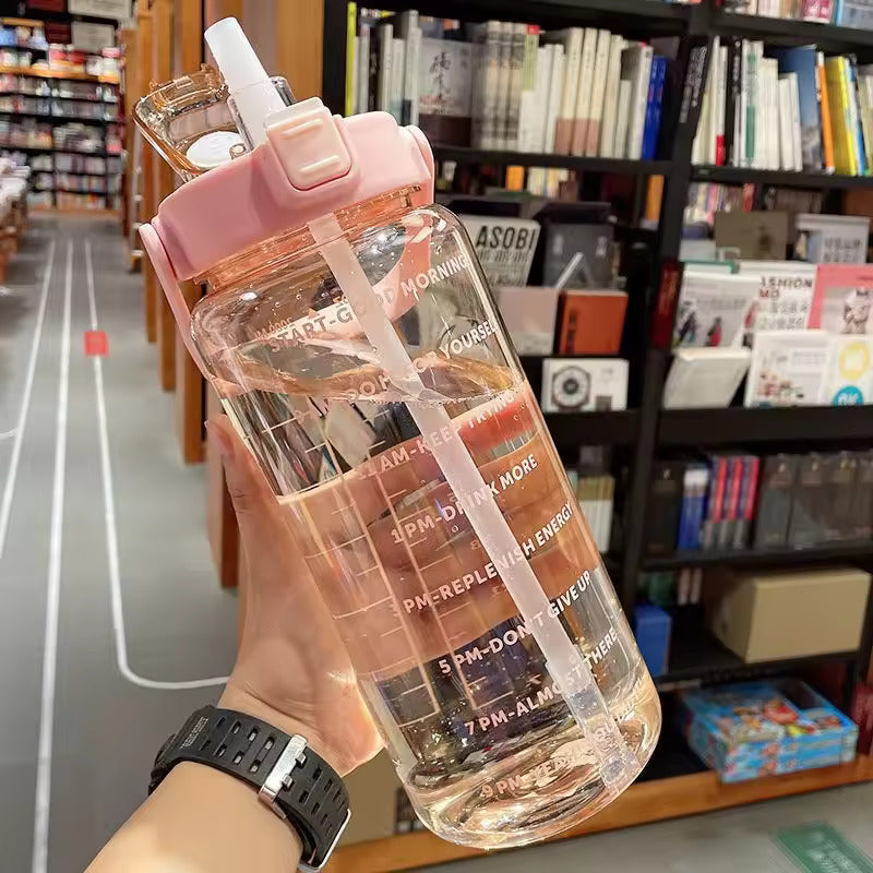 Tragbare 2-Liter-Wasserflasche mit Strohhalm und Zeitanzeige